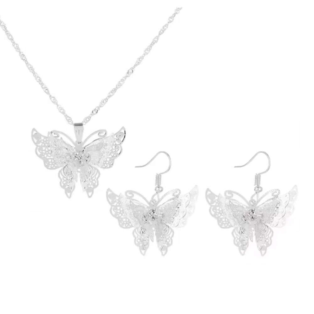 BUTTERFLY Silver Necklace Pendant & Earrings 3 Pc Jewelry Set New in Box